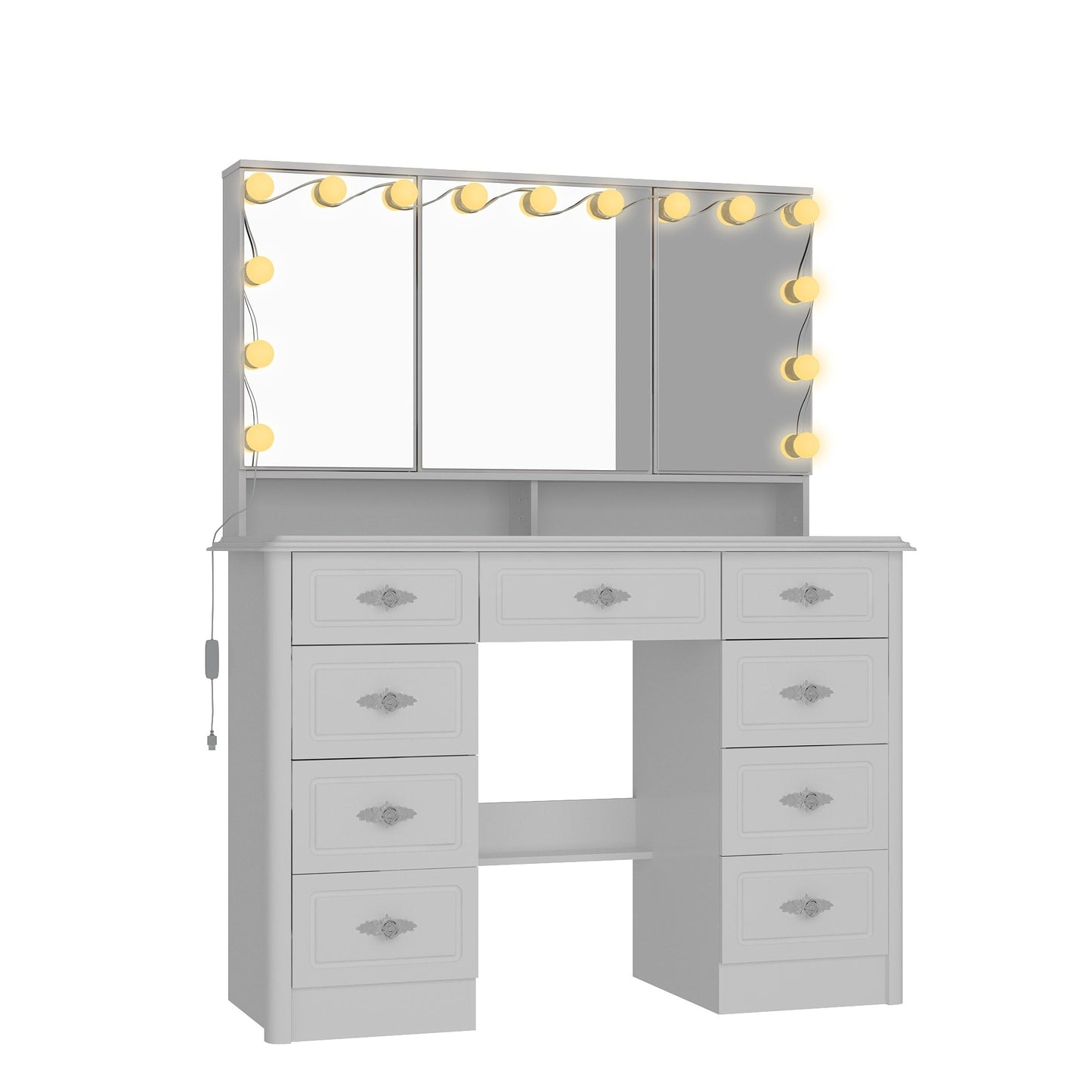 Coiffeuse moderne blanche avec miroir pliable, éclairage réglable - 40,2x54,1