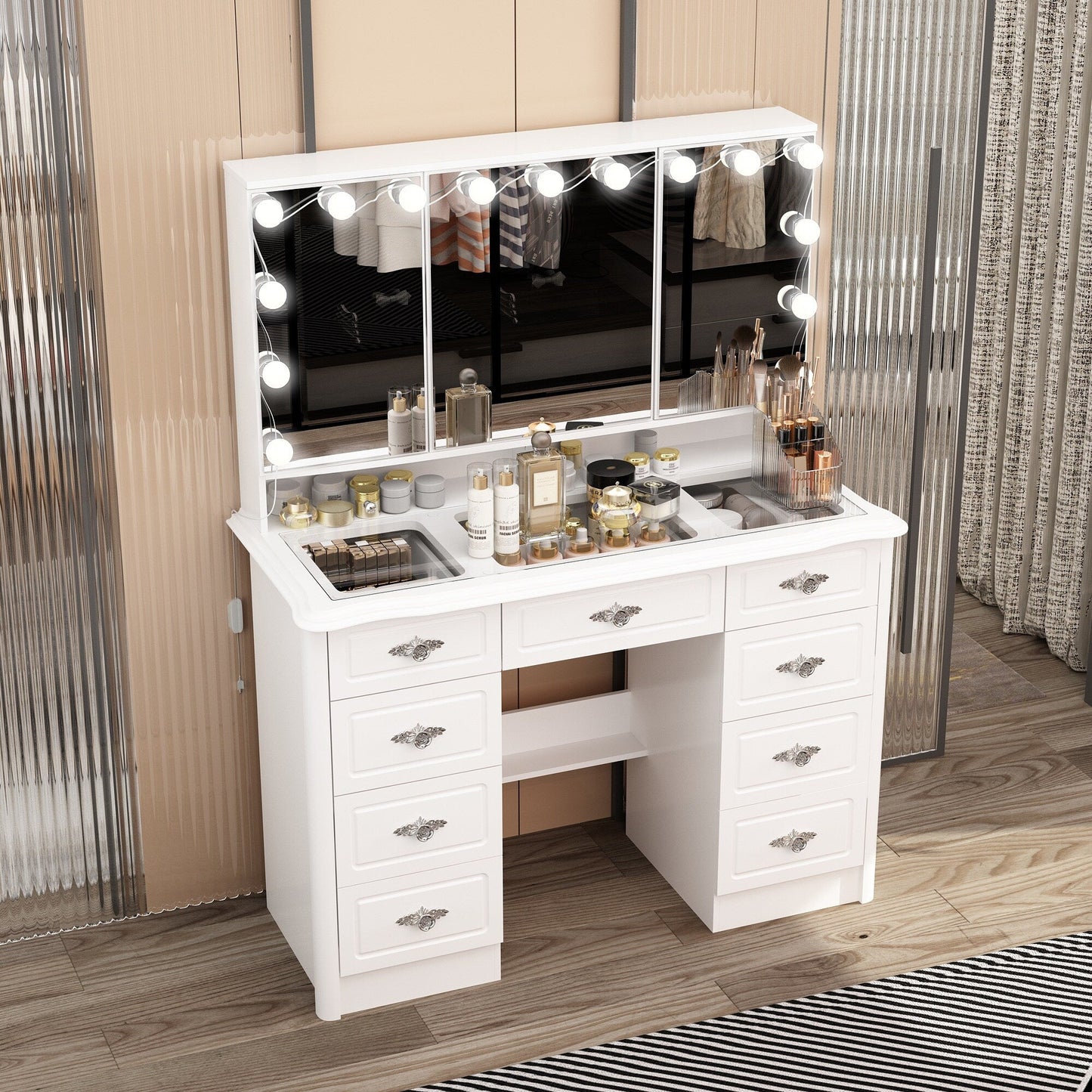 Coiffeuse moderne blanche avec miroir pliable, éclairage réglable - 40,2x54,1