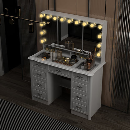 Coiffeuse moderne blanche avec miroir pliable, éclairage réglable - 40,2x54,1