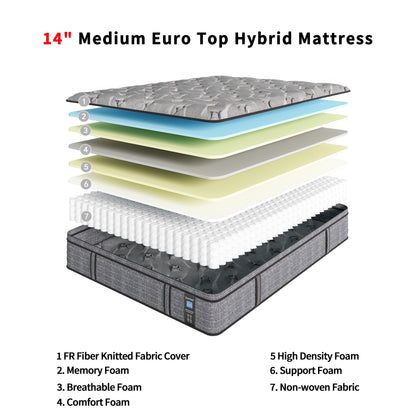 Modland Matelas hybride à ressorts ensachés de 35,5 cm (14 pouces) à sommier européen, densité moyenne, livré dans une boîte