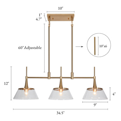 Luminaire suspendu linéaire à 3 lumières en verre dépoli, style moderne, couleur or, pour salle à manger.