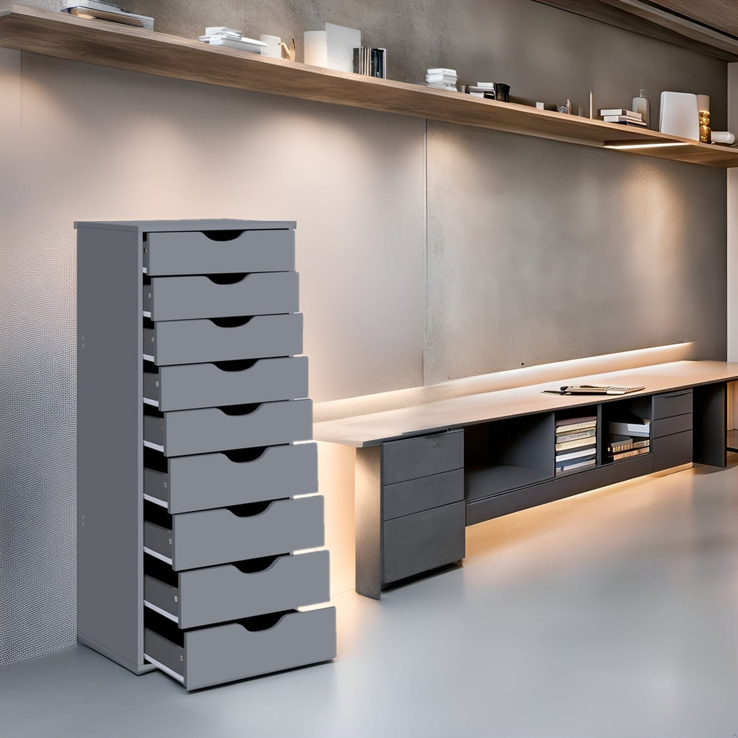 Armoire étroite en bois à 9 tiroirs avec coulisses à glissement fluide et étagère de rangement supérieure.