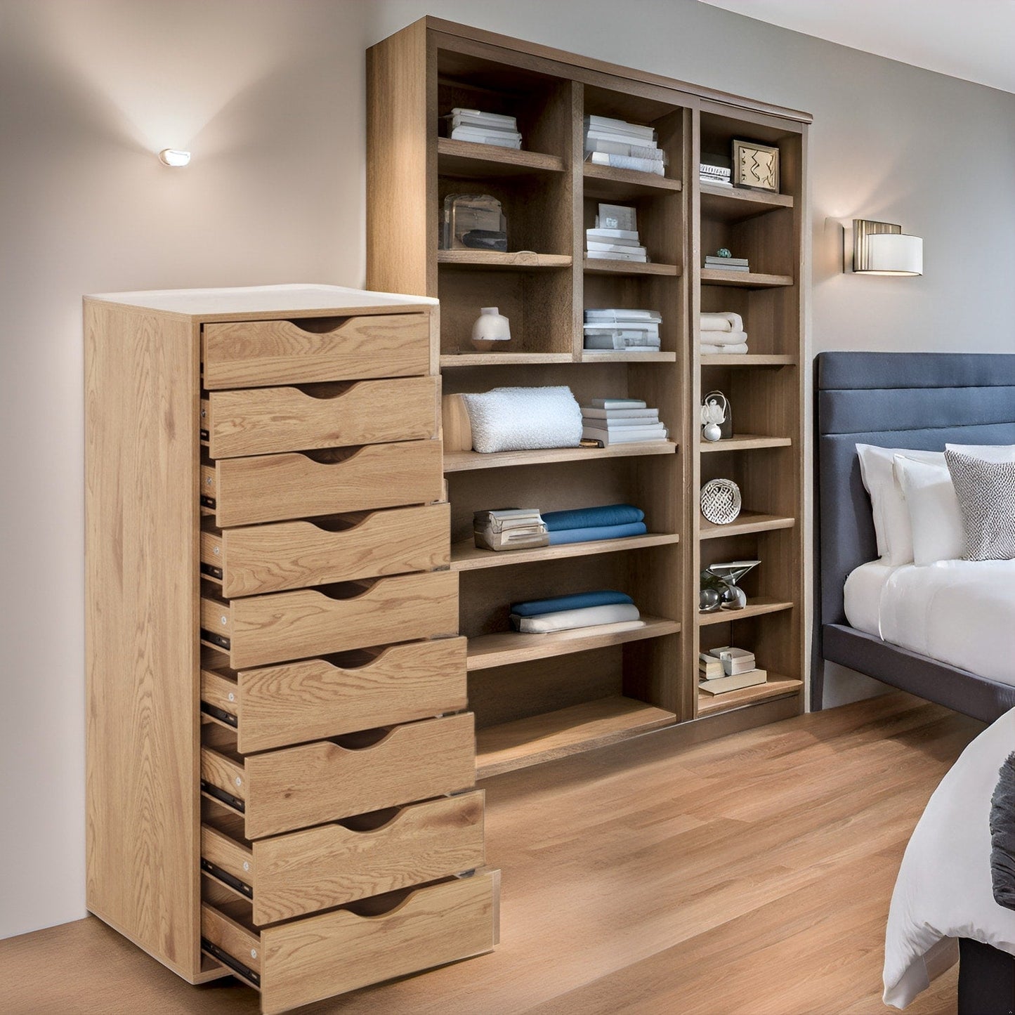 Armoire étroite en bois à 9 tiroirs avec coulisses à glissement fluide et étagère de rangement supérieure.