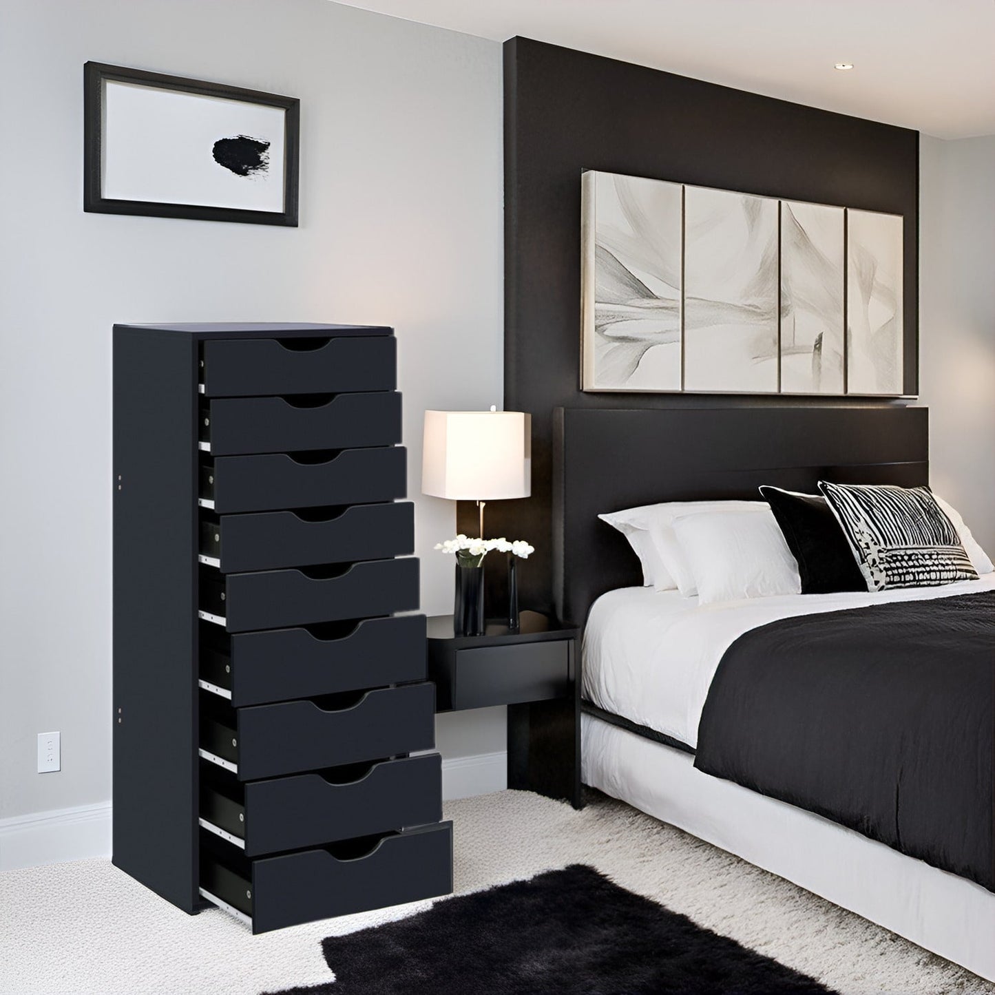 Armoire étroite en bois à 9 tiroirs avec coulisses à glissement fluide et étagère de rangement supérieure.