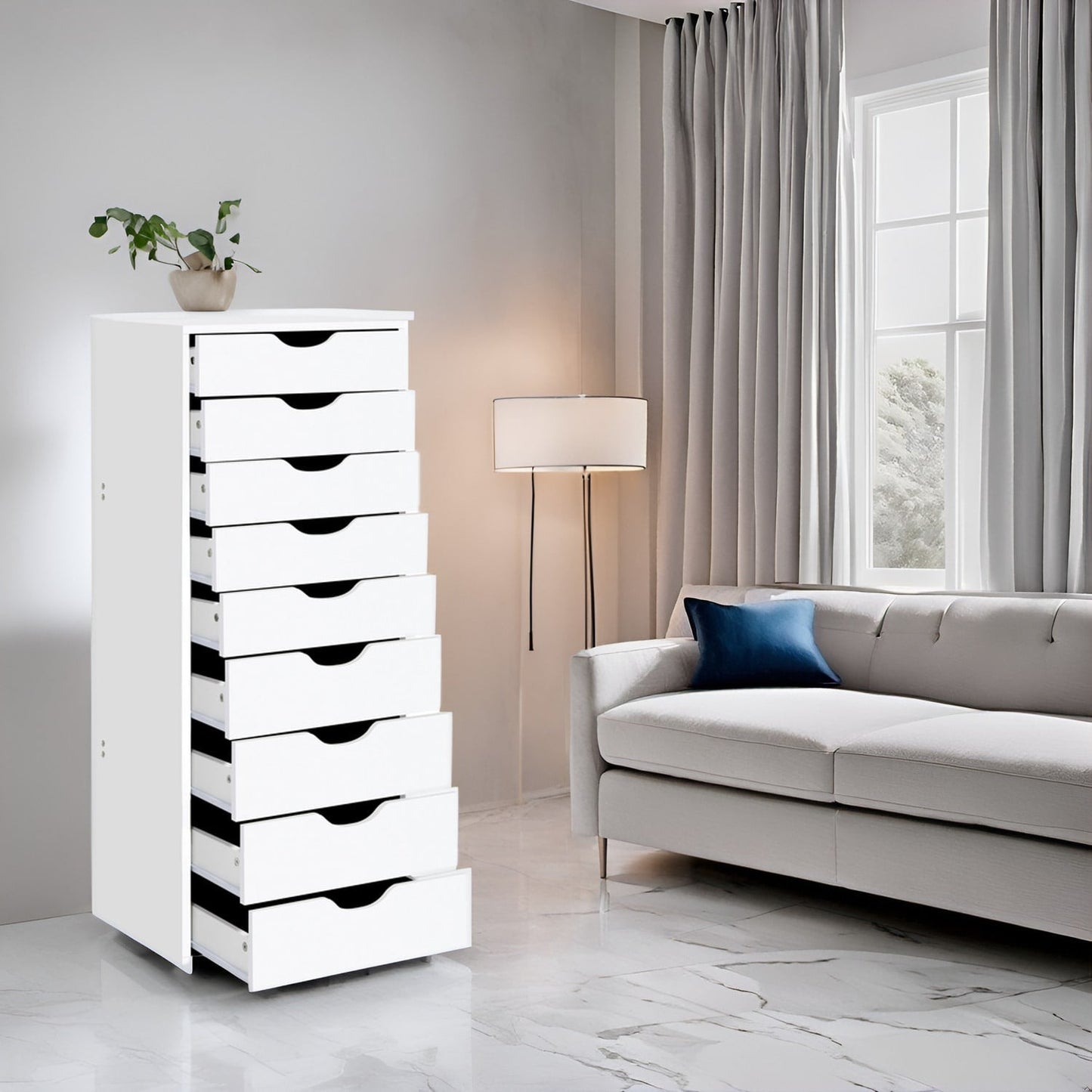 Armoire étroite en bois à 9 tiroirs avec coulisses à glissement fluide et étagère de rangement supérieure.