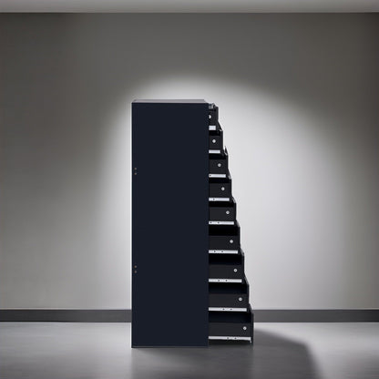 Armoire étroite en bois à 9 tiroirs avec coulisses à glissement fluide et étagère de rangement supérieure.