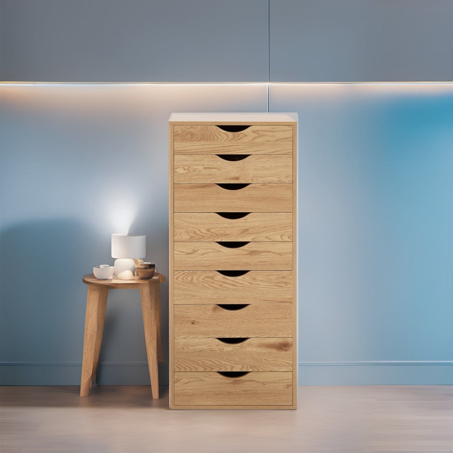 Armoire étroite en bois à 9 tiroirs avec coulisses à glissement fluide et étagère de rangement supérieure.
