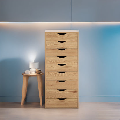 Armoire étroite en bois à 9 tiroirs avec coulisses à glissement fluide et étagère de rangement supérieure.