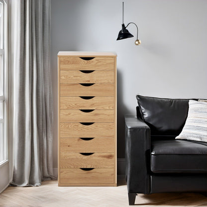 Armoire étroite en bois à 9 tiroirs avec coulisses à glissement fluide et étagère de rangement supérieure.