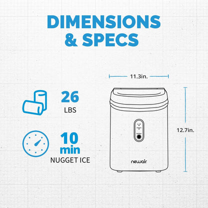 Fabriquant de glaçons en forme de galet Newair de 26 lbs, noir mat, avec fenêtre de visualisation des glaçons, bouton d'auto-nettoyage et bec verseur facile à utiliser.