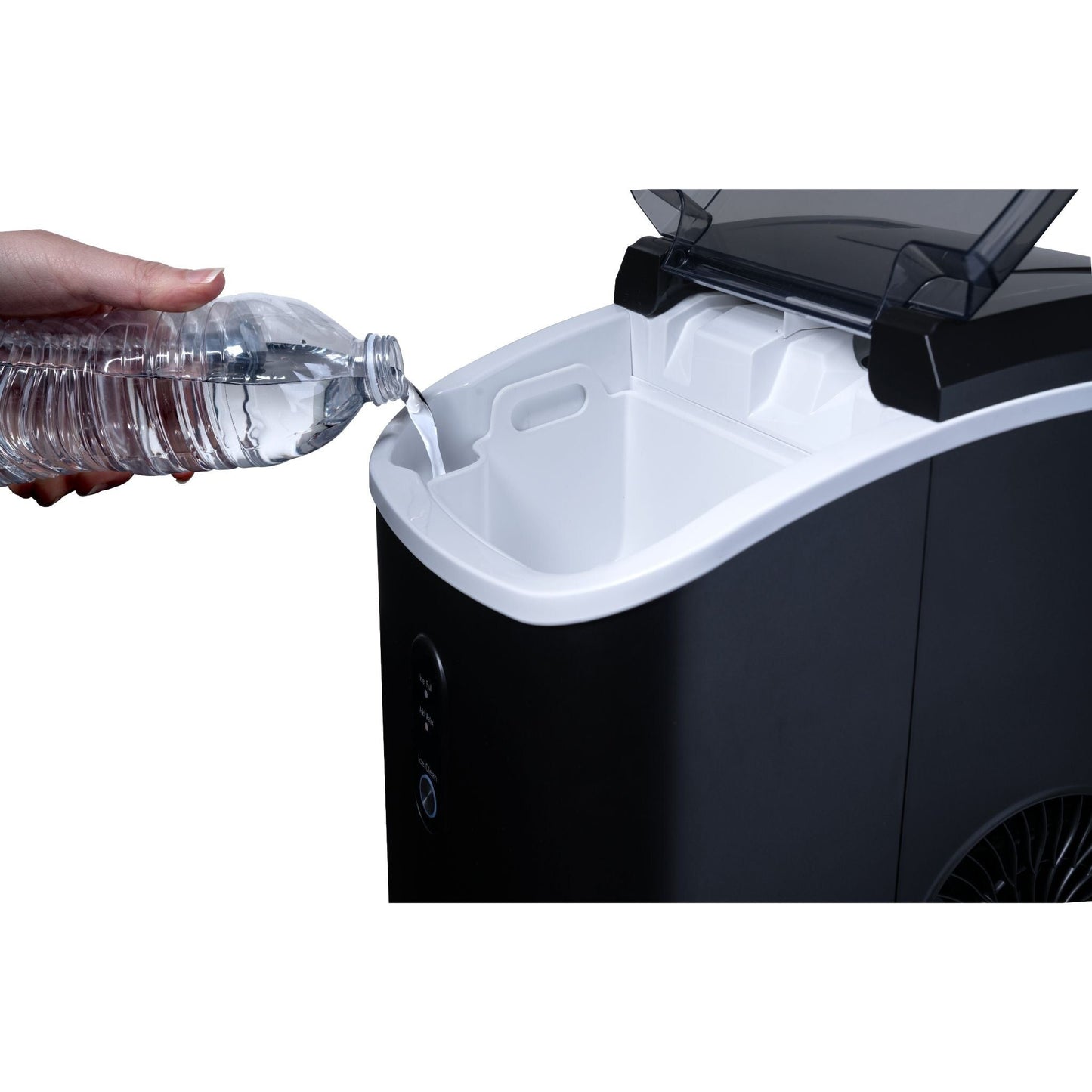 Fabriquant de glaçons en forme de galet Newair de 26 lbs, noir mat, avec fenêtre de visualisation des glaçons, bouton d'auto-nettoyage et bec verseur facile à utiliser.