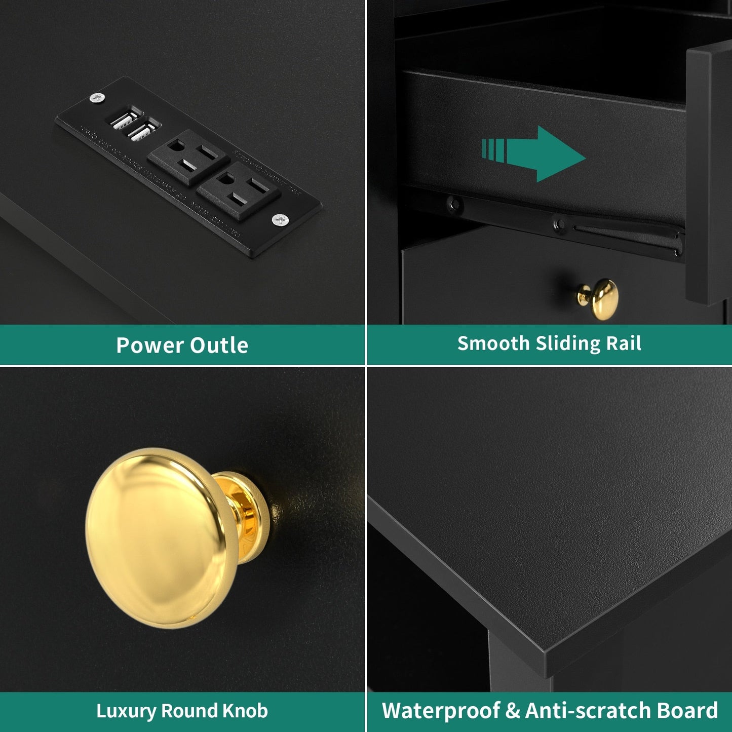 Ensemble de 2 tables de chevet avec station de recharge, table d'appoint avec 2 tiroirs, ports USB et prises électriques, pour lit.
