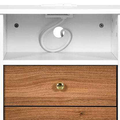 Ensemble de 2 tables de chevet avec station de recharge, table d'appoint avec 2 tiroirs, ports USB et prises électriques, pour lit.