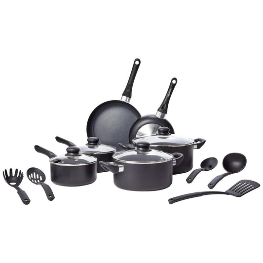 Ensemble de 15 pièces de batterie de cuisine antiadhésive, casseroles, poêles et ustensiles, noir