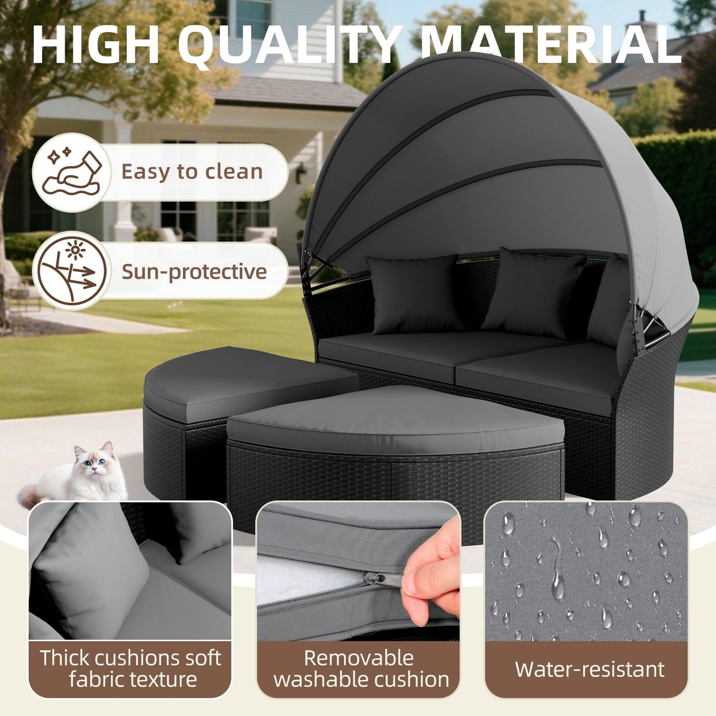 Ensemble de meubles de jardin en rotin noir pour extérieur, composé de 4 pièces, avec canopée rétractable, modèle Nuon, par Havenside Home.