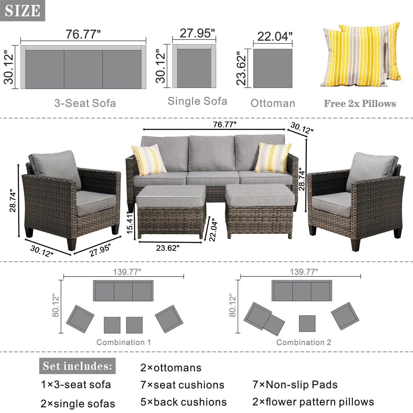 OVIOS Ensemble de meubles de jardin en osier pour extérieur, 5 pièces, avec dossier haut.
