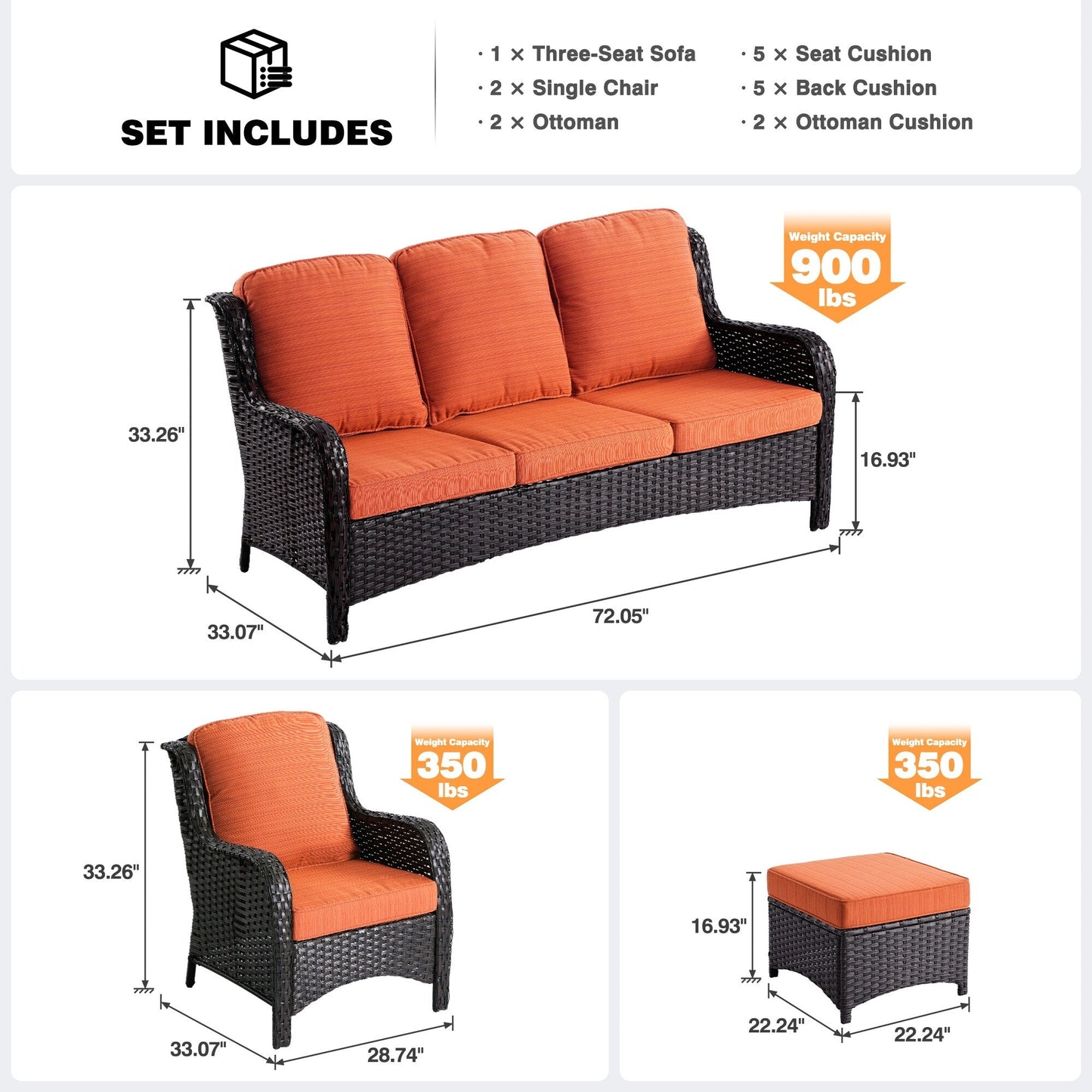 Ensemble de conversation OVIOS pour patio, 5 pièces, en osier, dossier haut.