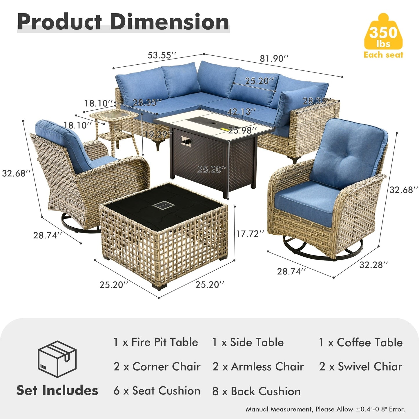 OVIOS Ensemble de 9 pièces en rotin pour extérieur avec chaise pivotante et table à feu.