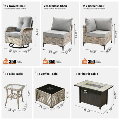 OVIOS Ensemble de 9 pièces en rotin pour extérieur avec chaise pivotante et table à feu.