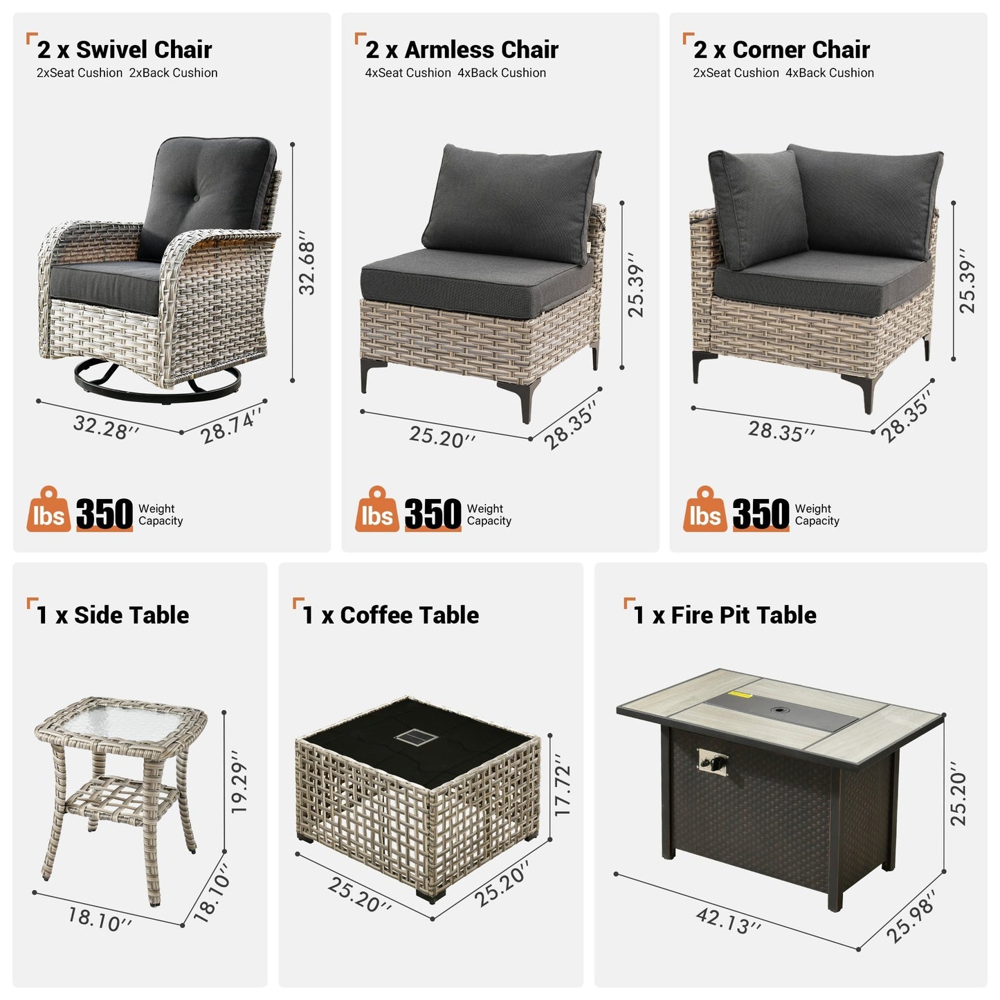 OVIOS Ensemble de 9 pièces en rotin pour extérieur avec chaise pivotante et table à feu.