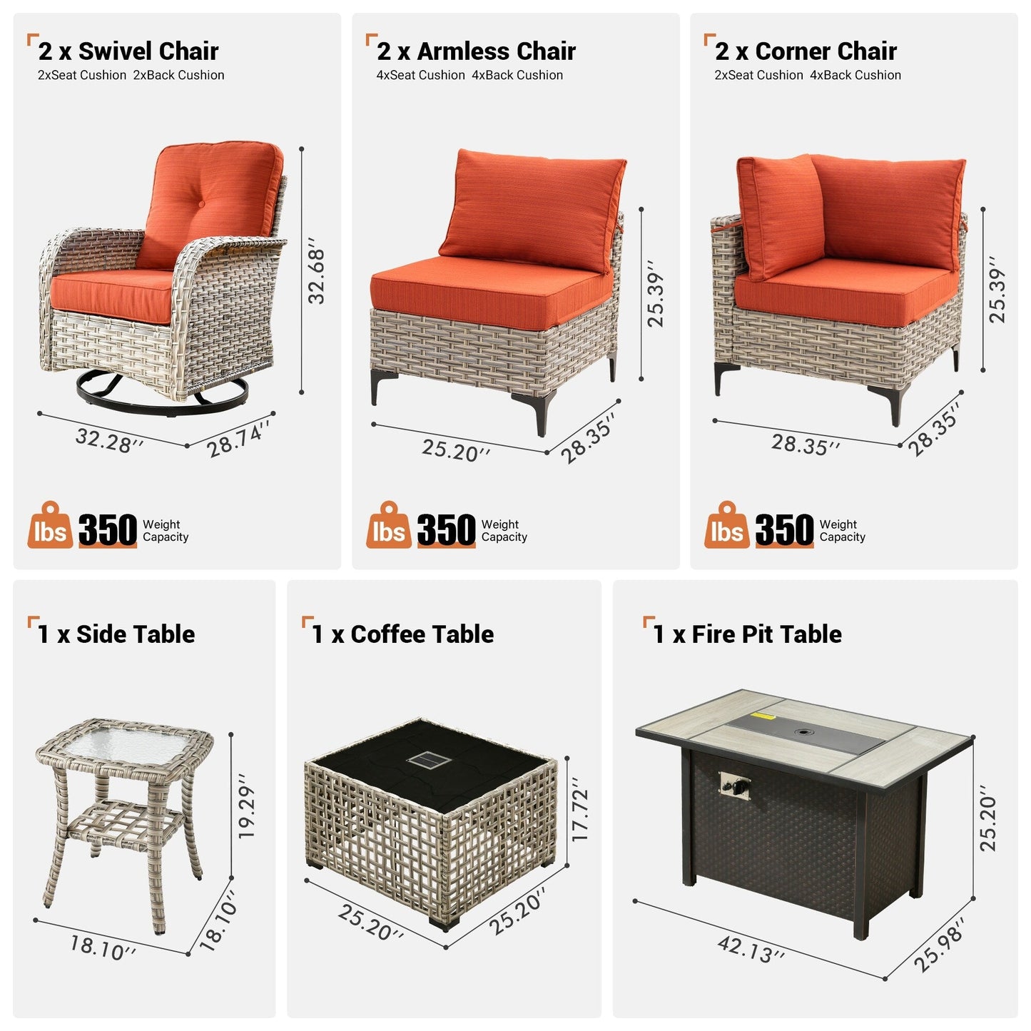 OVIOS Ensemble de 9 pièces en rotin pour extérieur avec chaise pivotante et table à feu.