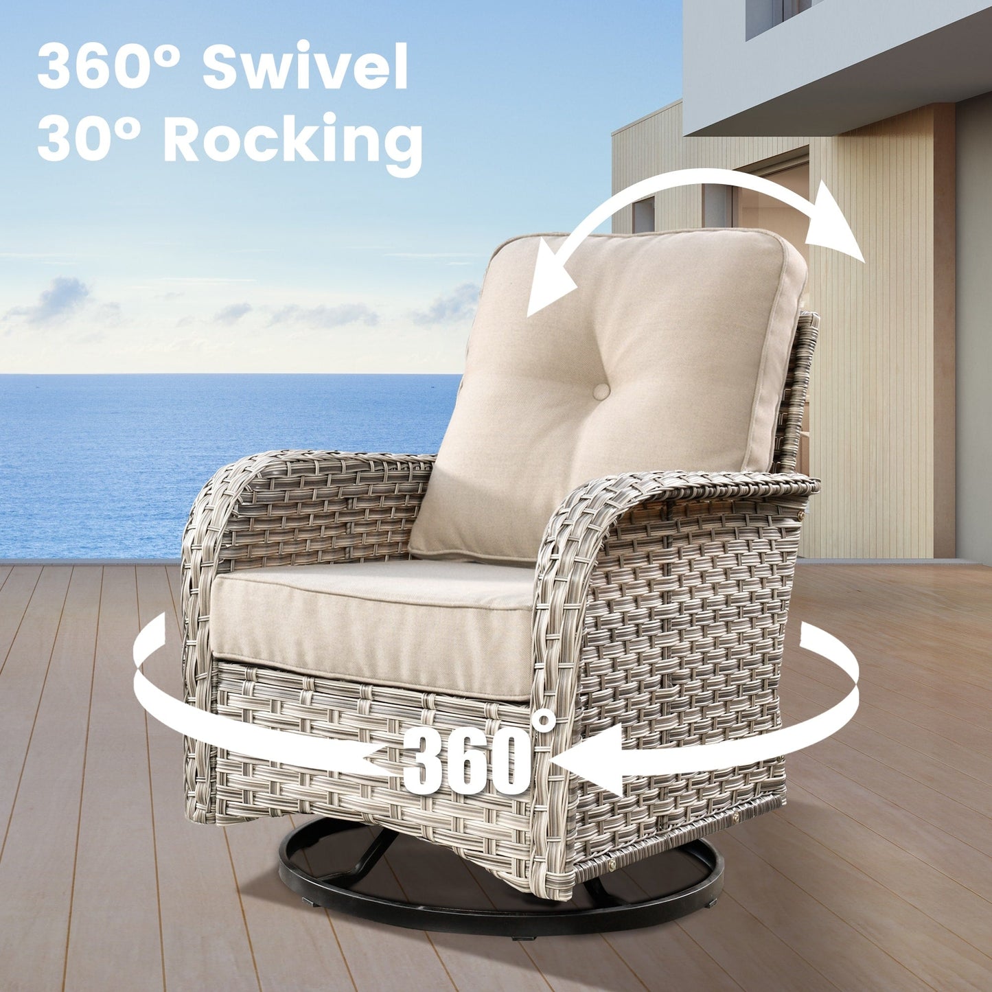 OVIOS Ensemble de 9 pièces en rotin pour extérieur avec chaise pivotante et table à feu.