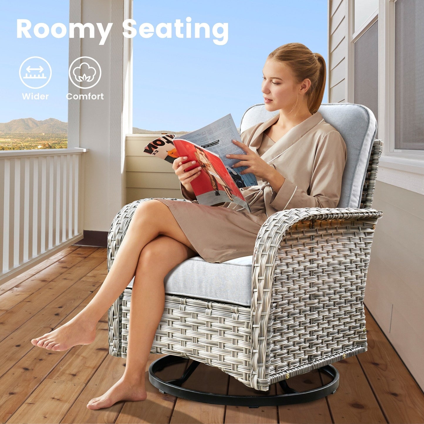 OVIOS Ensemble de 9 pièces en rotin pour extérieur avec chaise pivotante et table à feu.