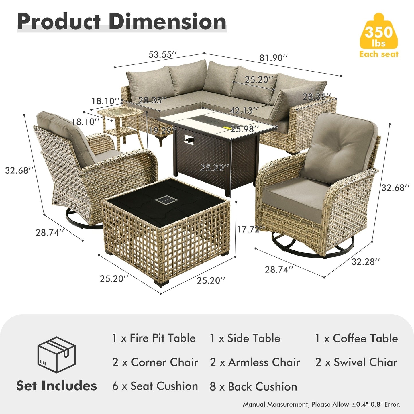 OVIOS Ensemble de 9 pièces en rotin pour extérieur avec chaise pivotante et table à feu.