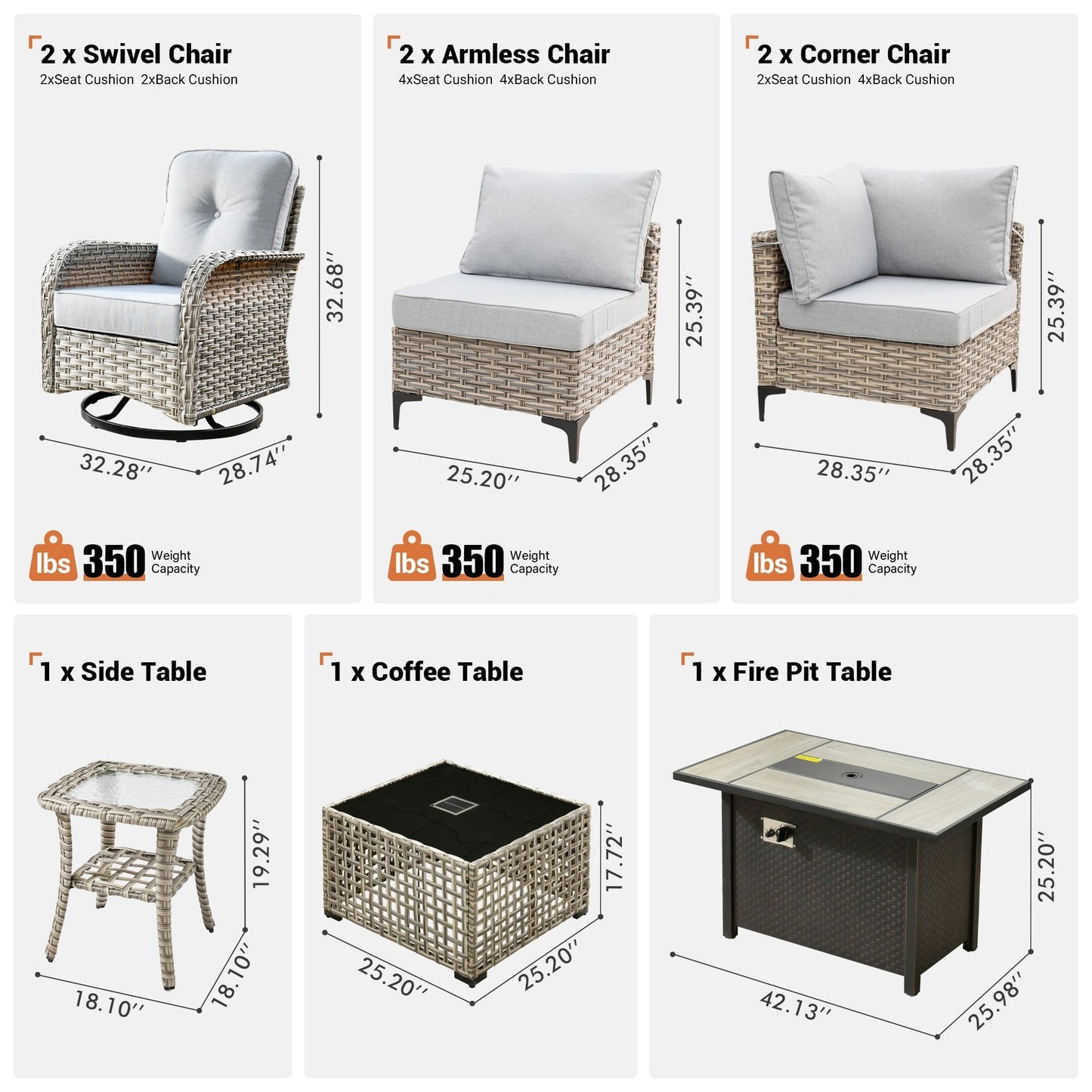 OVIOS Ensemble de 9 pièces en rotin pour extérieur avec chaise pivotante et table à feu.