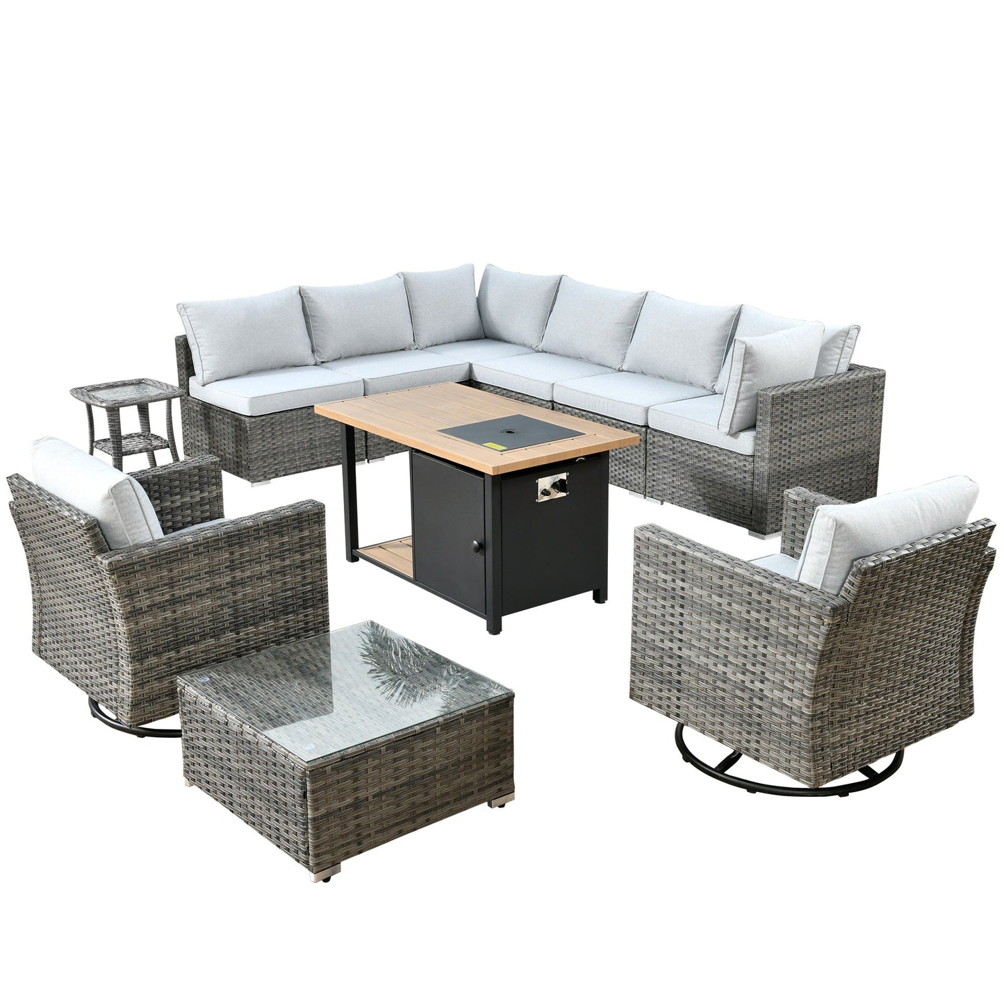 OVIOS Ensemble de salon en osier avec assises profondes, 11 pièces, chaises pivotantes, foyer.