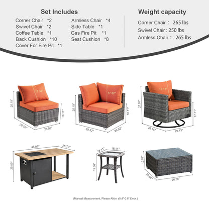 OVIOS Ensemble de salon en osier avec assises profondes, 11 pièces, chaises pivotantes, foyer.