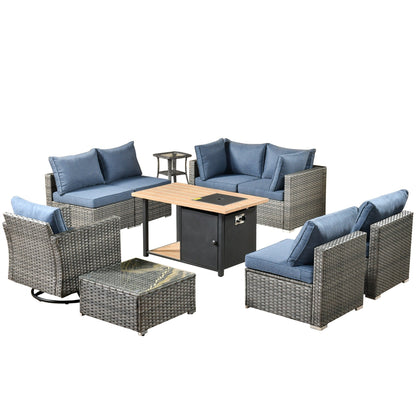 OVIOS Ensemble de salon en osier avec assises profondes, 11 pièces, chaises pivotantes, foyer.