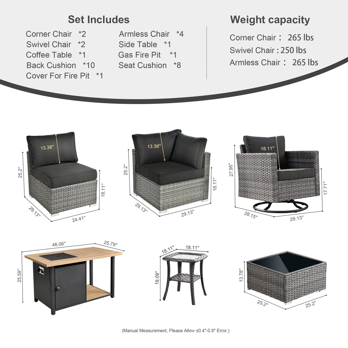OVIOS Ensemble de salon en osier avec assises profondes, 11 pièces, chaises pivotantes, foyer.