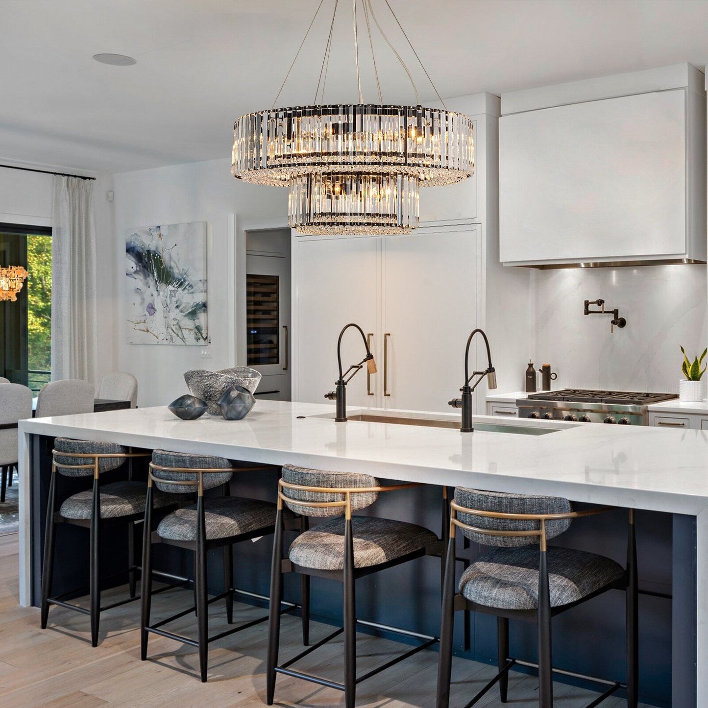 OYIPRO Lustre moderne rond en cristal à 6/8/12 lumières, suspension en forme de tambour pour îlot de cuisine