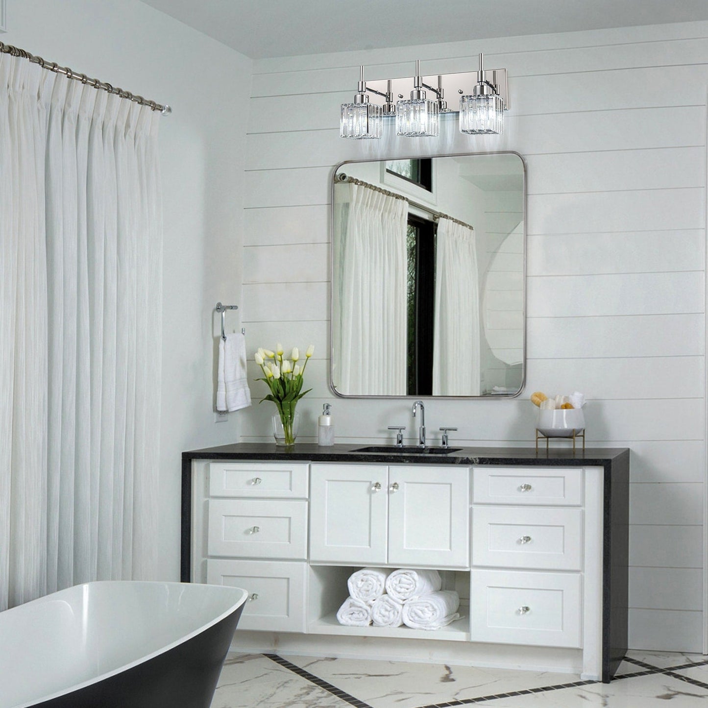 Ora Lustre de salle de bain moderne à cristaux, à intensité variable, pour miroir, éclairage de vanité glamour