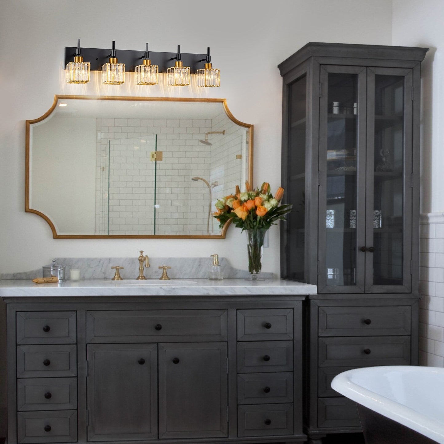 Ora Lustre de salle de bain moderne à cristaux, à intensité variable, pour miroir, éclairage de vanité glamour