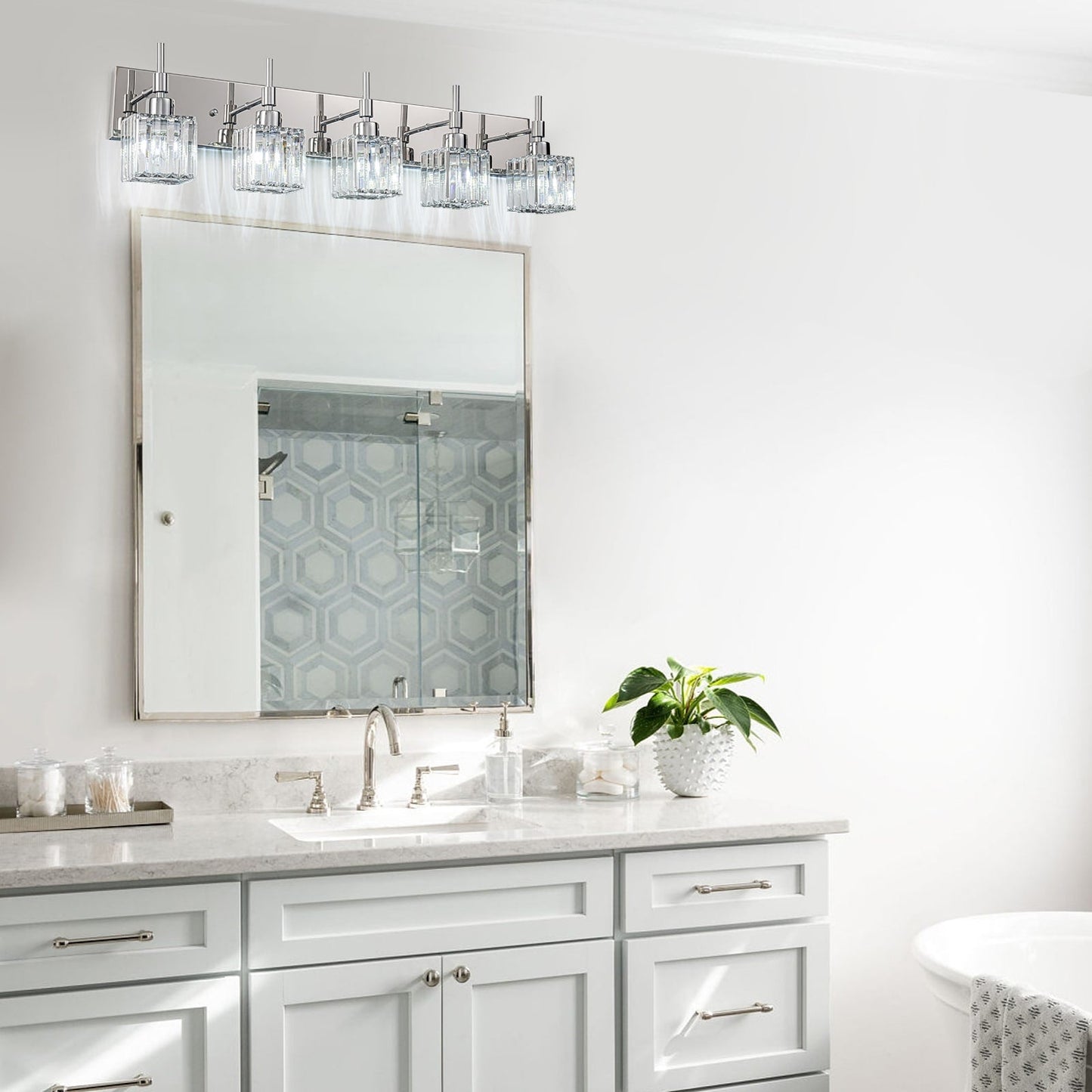 Ora Lustre de salle de bain moderne à cristaux, à intensité variable, pour miroir, éclairage de vanité glamour