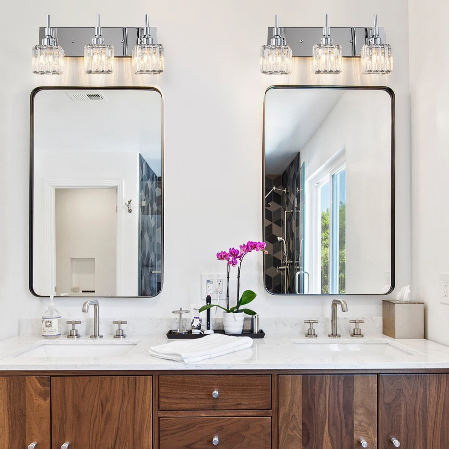 Ora Lustre de salle de bain moderne à cristaux, à intensité variable, pour miroir, éclairage de vanité glamour