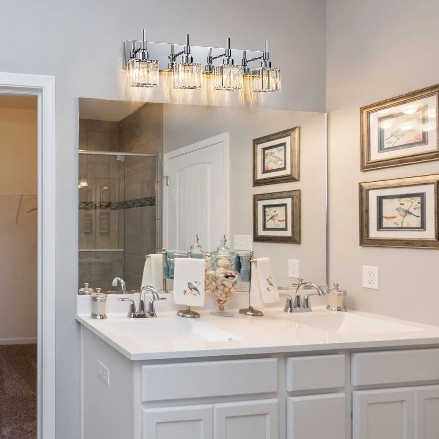 Ora Lustre de salle de bain moderne à cristaux, à intensité variable, pour miroir, éclairage de vanité glamour