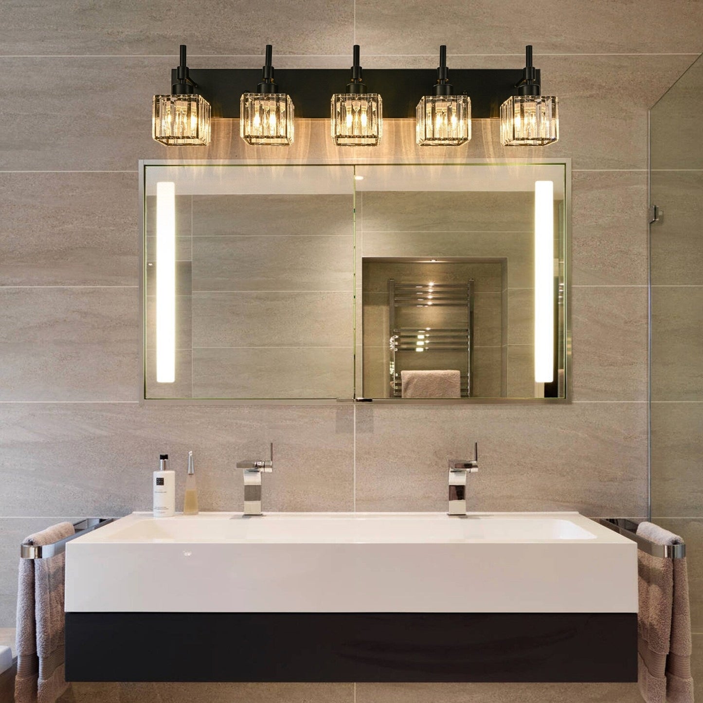 Ora Lustre de salle de bain moderne à cristaux, à intensité variable, pour miroir, éclairage de vanité glamour