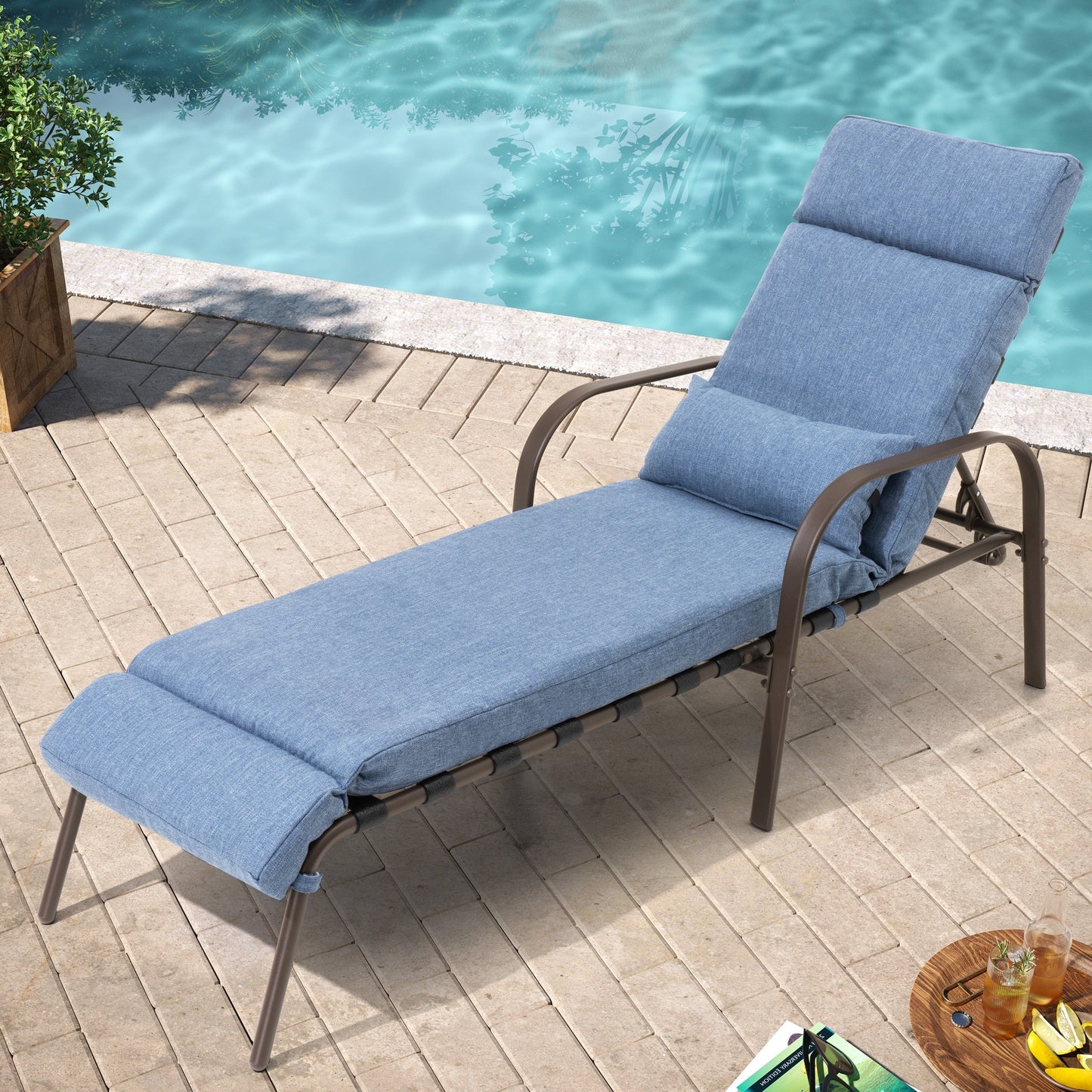 Chaise longue de jardin réglable avec coussin pour extérieur, pour terrasse, plage ou bord de piscine