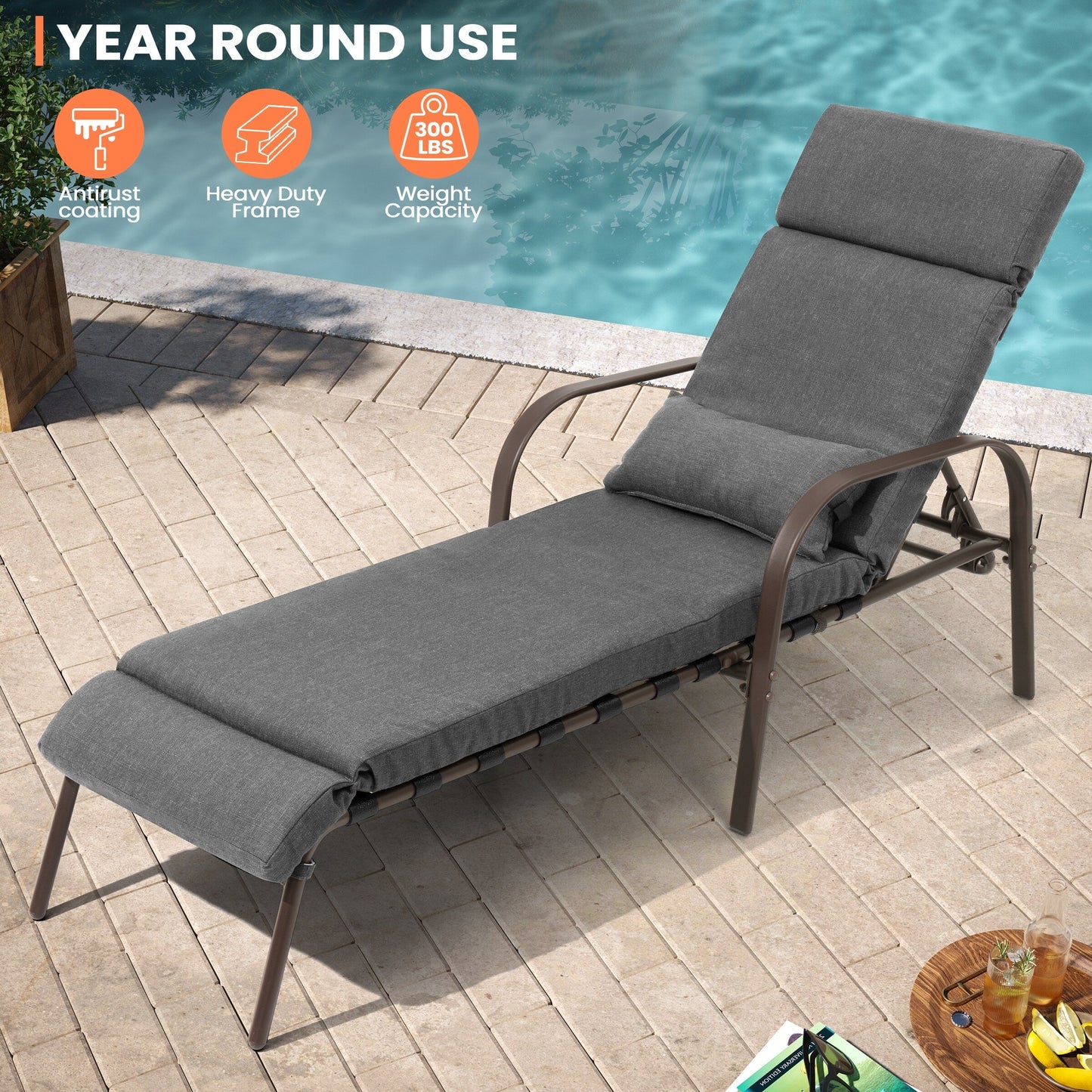 Chaise longue de jardin réglable avec coussin pour extérieur, pour terrasse, plage ou bord de piscine