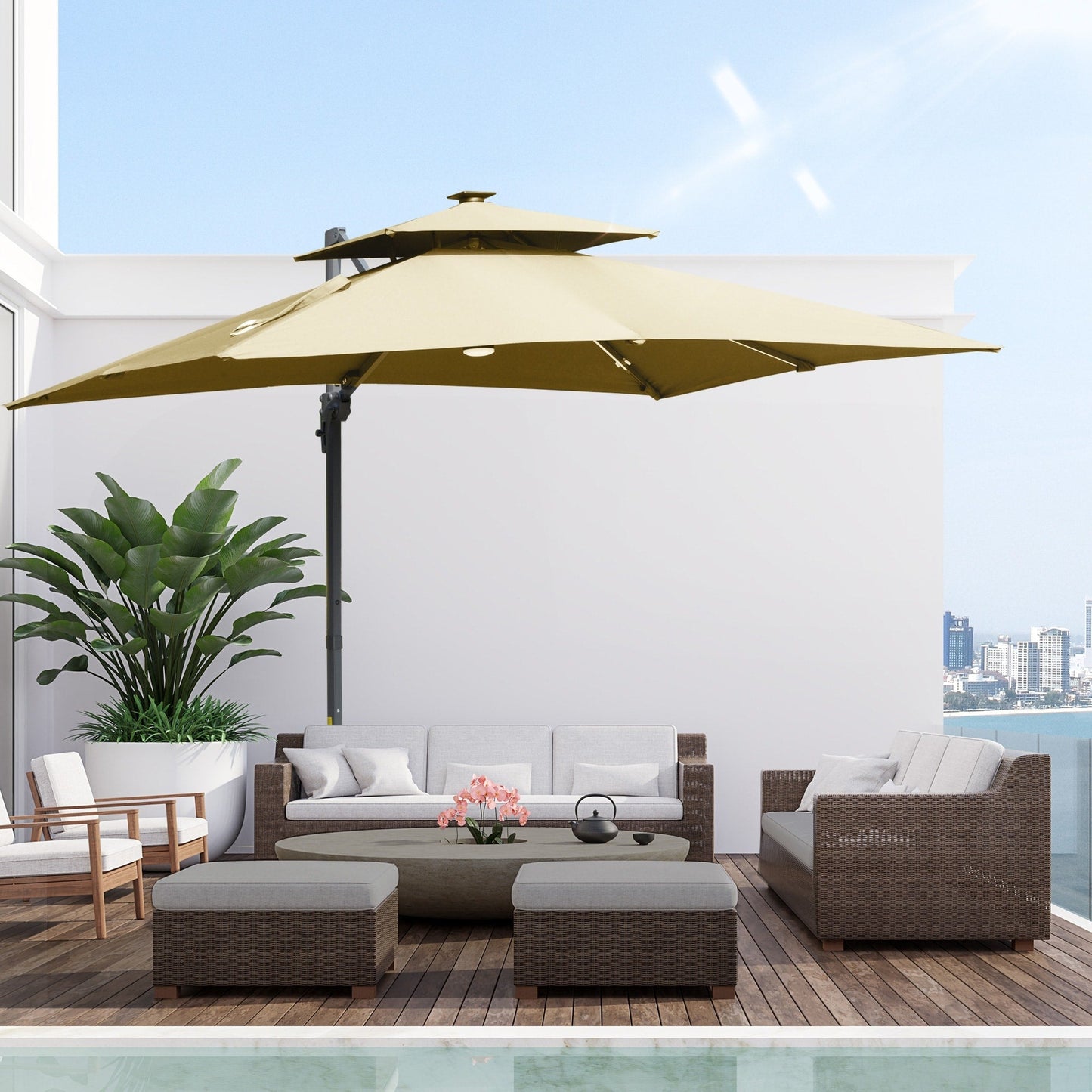 Parasol de terrasse solaire LED Outsunny de 3 m, parasol suspendu déporté avec rotation à 360°, base en croix, 8 baleines, inclinable et à manivelle