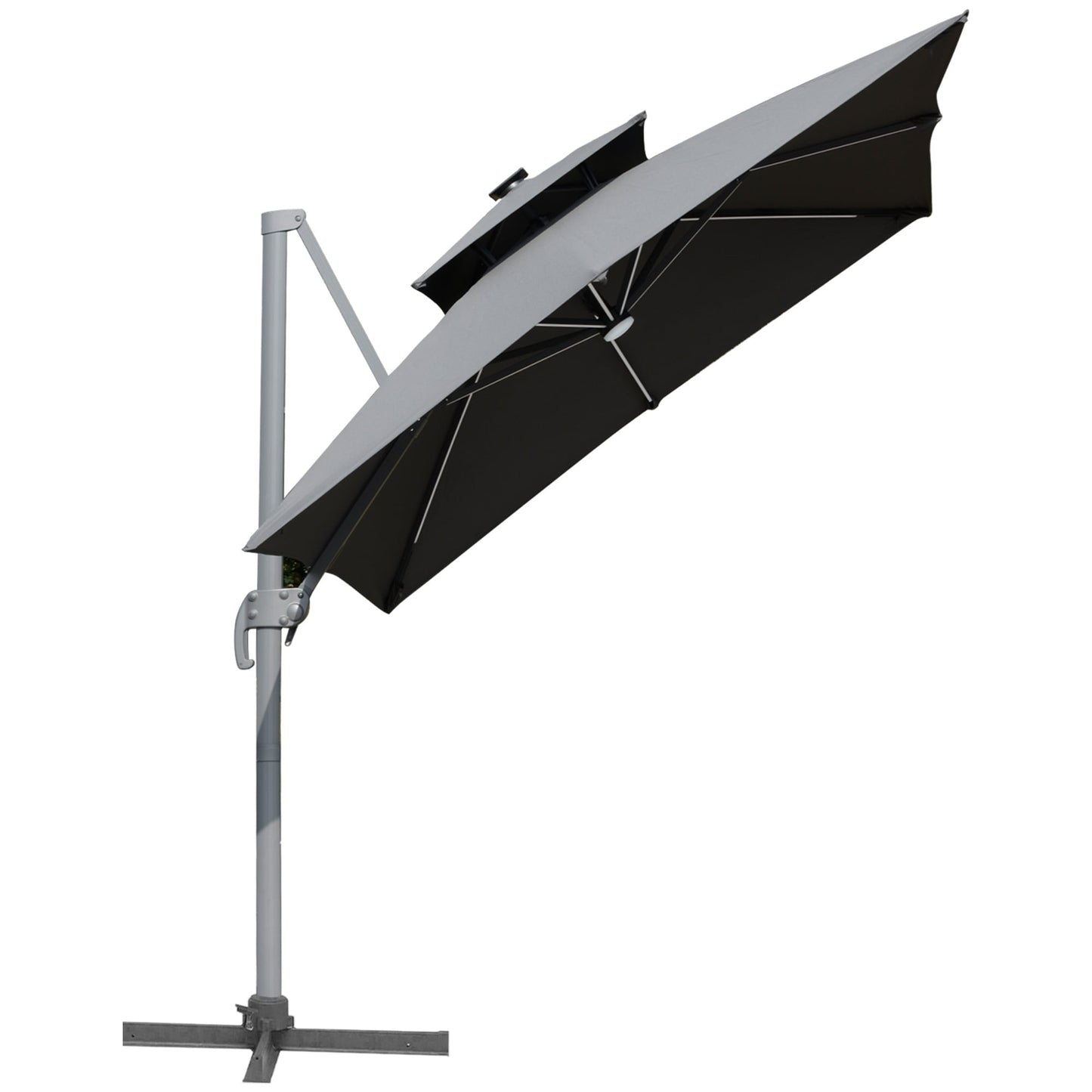 Parasol de terrasse solaire LED Outsunny de 3 m, parasol suspendu déporté avec rotation à 360°, base en croix, 8 baleines, inclinable et à manivelle