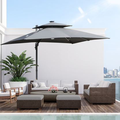 Parasol de terrasse solaire LED Outsunny de 3 m, parasol suspendu déporté avec rotation à 360°, base en croix, 8 baleines, inclinable et à manivelle