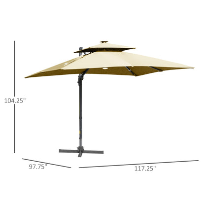 Parasol de terrasse solaire LED Outsunny de 3 m, parasol suspendu déporté avec rotation à 360°, base en croix, 8 baleines, inclinable et à manivelle