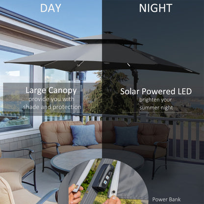 Parasol de terrasse solaire LED Outsunny de 3 m, parasol suspendu déporté avec rotation à 360°, base en croix, 8 baleines, inclinable et à manivelle
