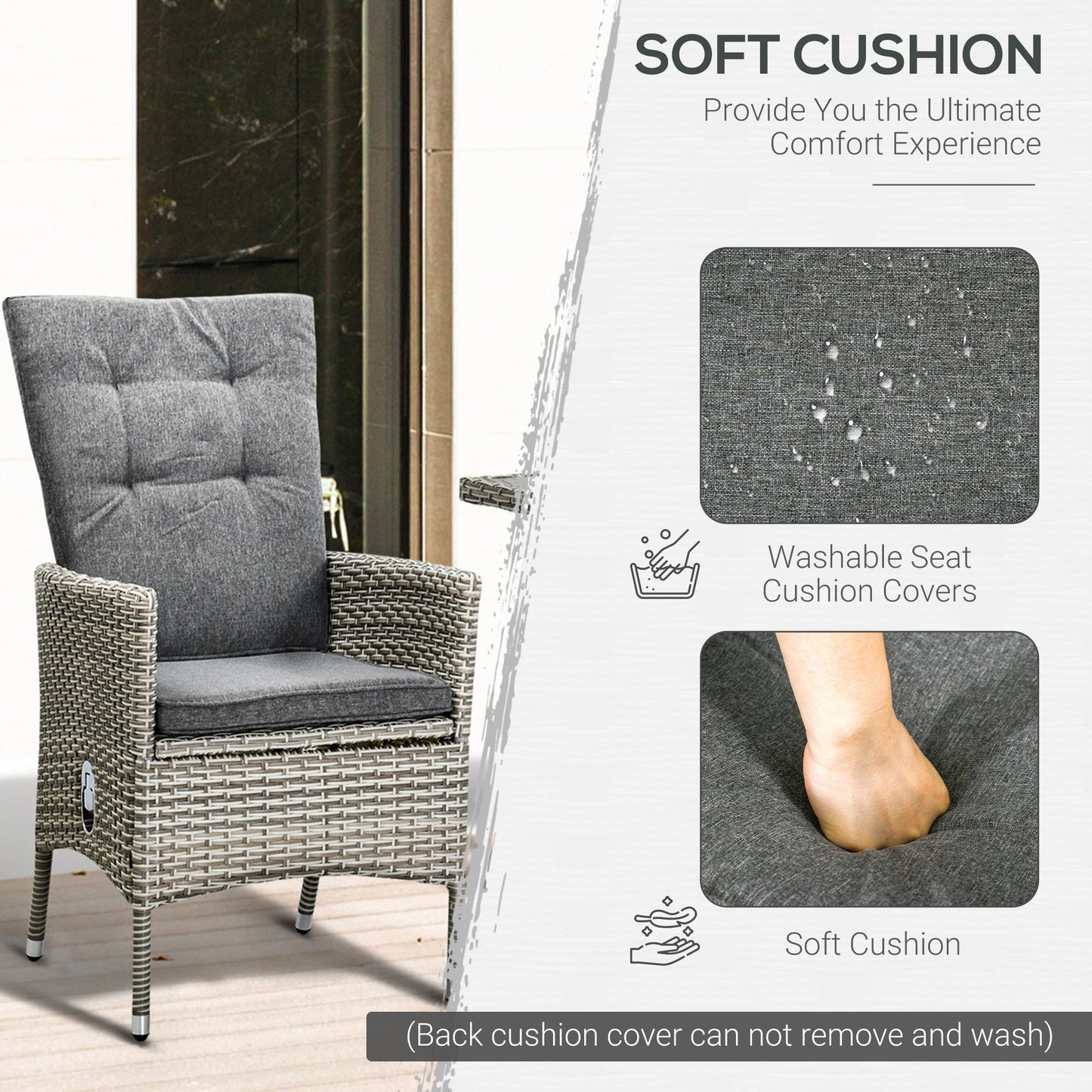 Outsunny Ensemble de salon de jardin 3 pièces en rotin PE, chaises inclinables d'extérieur avec table basse en plastique imitation bois