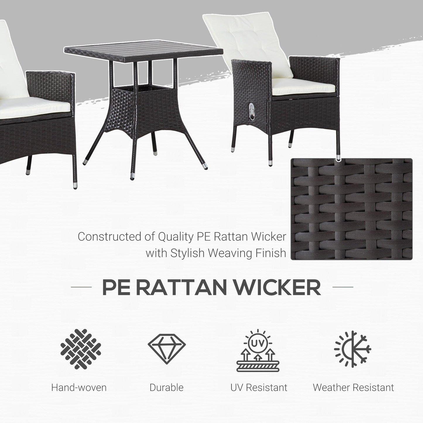 Outsunny Ensemble de salon de jardin 3 pièces en rotin PE, chaises inclinables d'extérieur avec table basse en plastique imitation bois