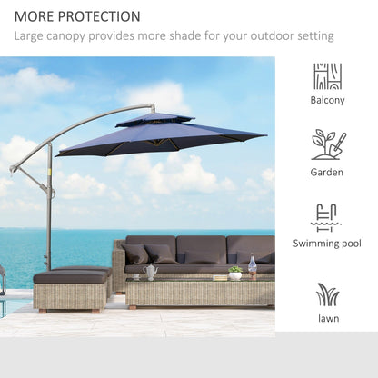 Outsunny 9' 2-Tier Cantilever Umbrella with Crank Handle, Cross Base and 8 Ribs, Garden Patio Offset Umbrella